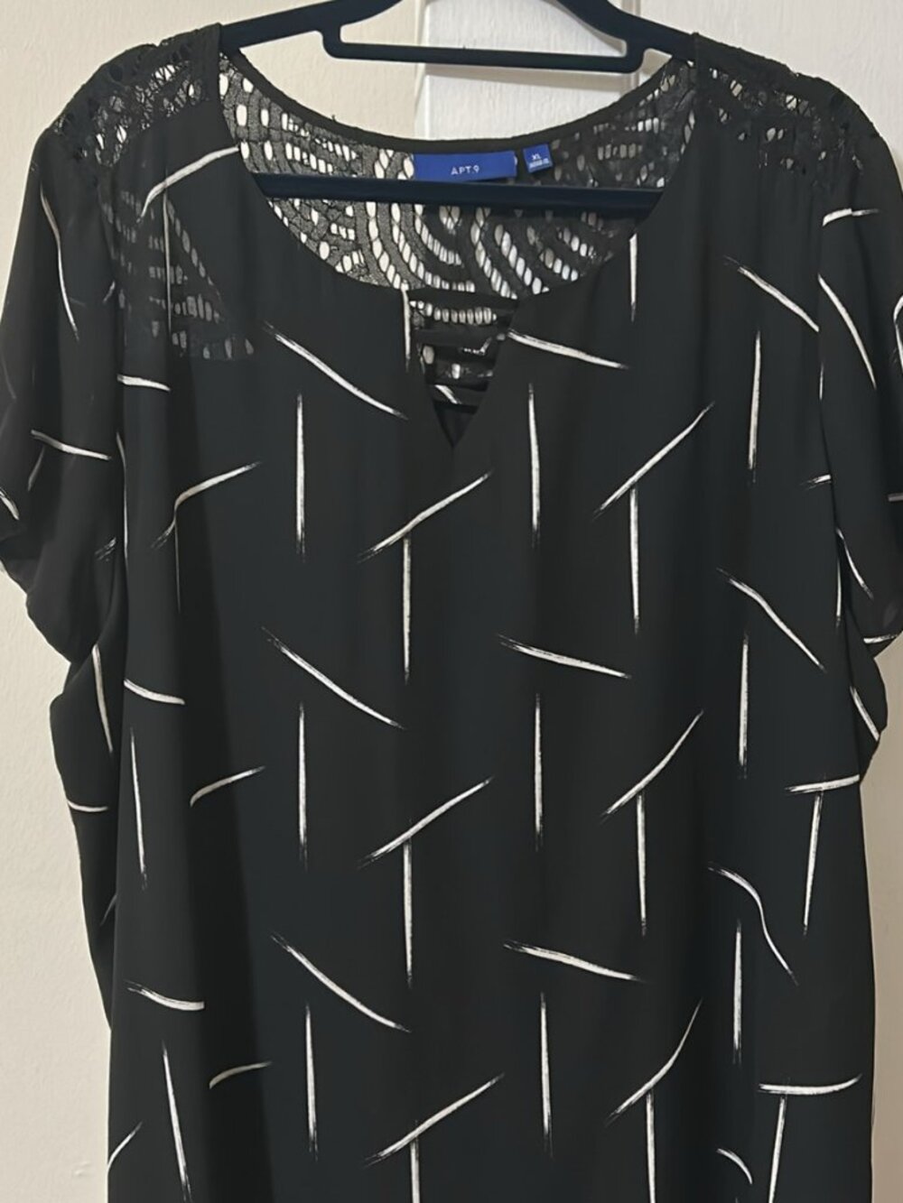 Apt. 9 Black XL Blouse with White Lines and Lace Detail